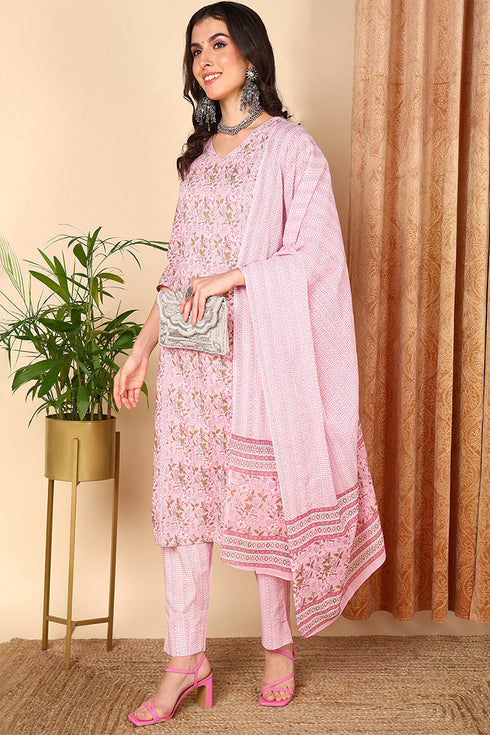 Plus Size Pink Pure Cotton Floral Printed Straight Suit Set